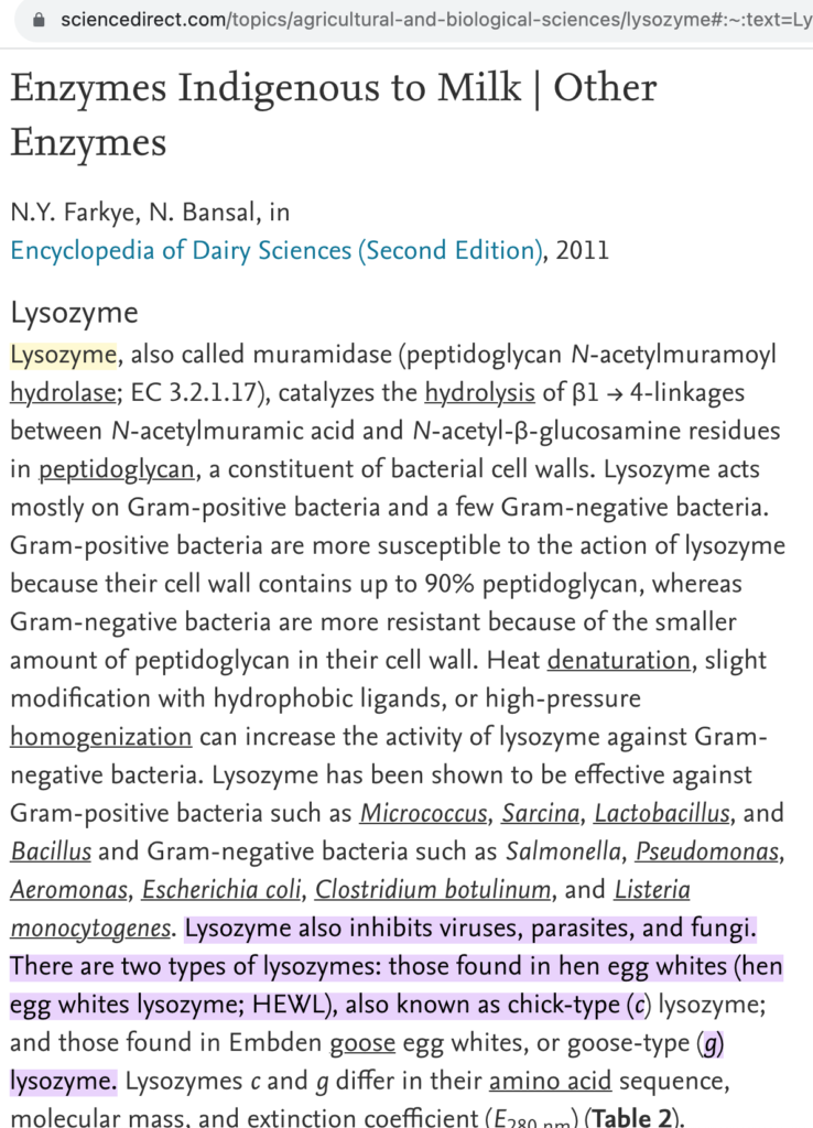 Lysozome enzyme anti-parasitic foods, eggs, milk